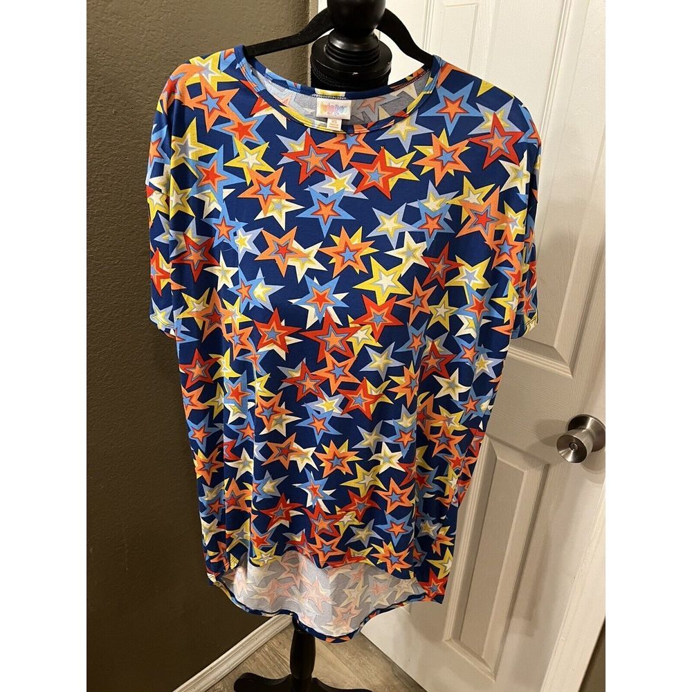 LulaRoe Americana XS Irma Top Tunic Shirt Red White Blue Yellow Stars Americana